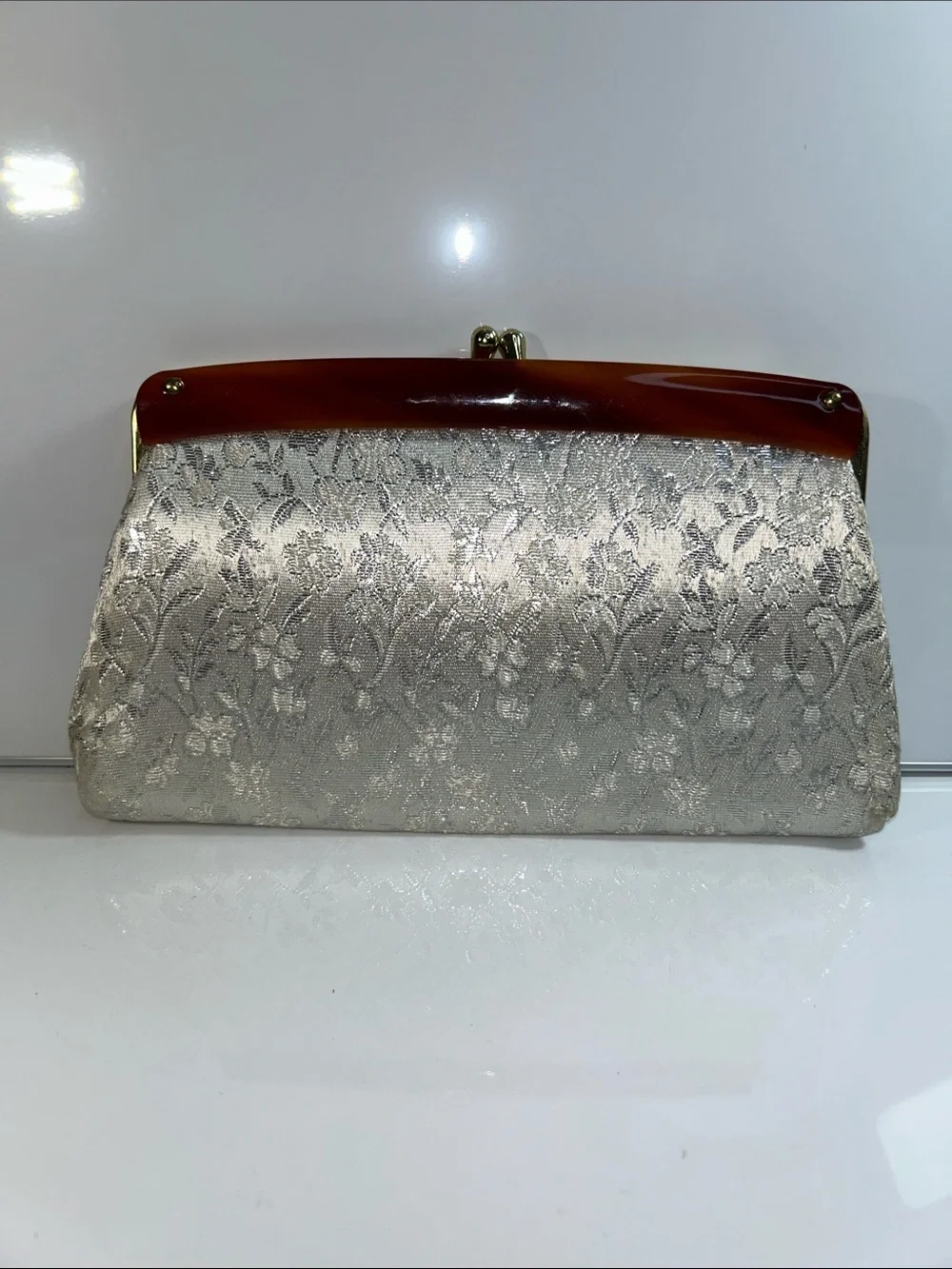 Vintage 1960’s Tortoise Accent Silver Brocade Evening Clutch Bag & Chain Handle